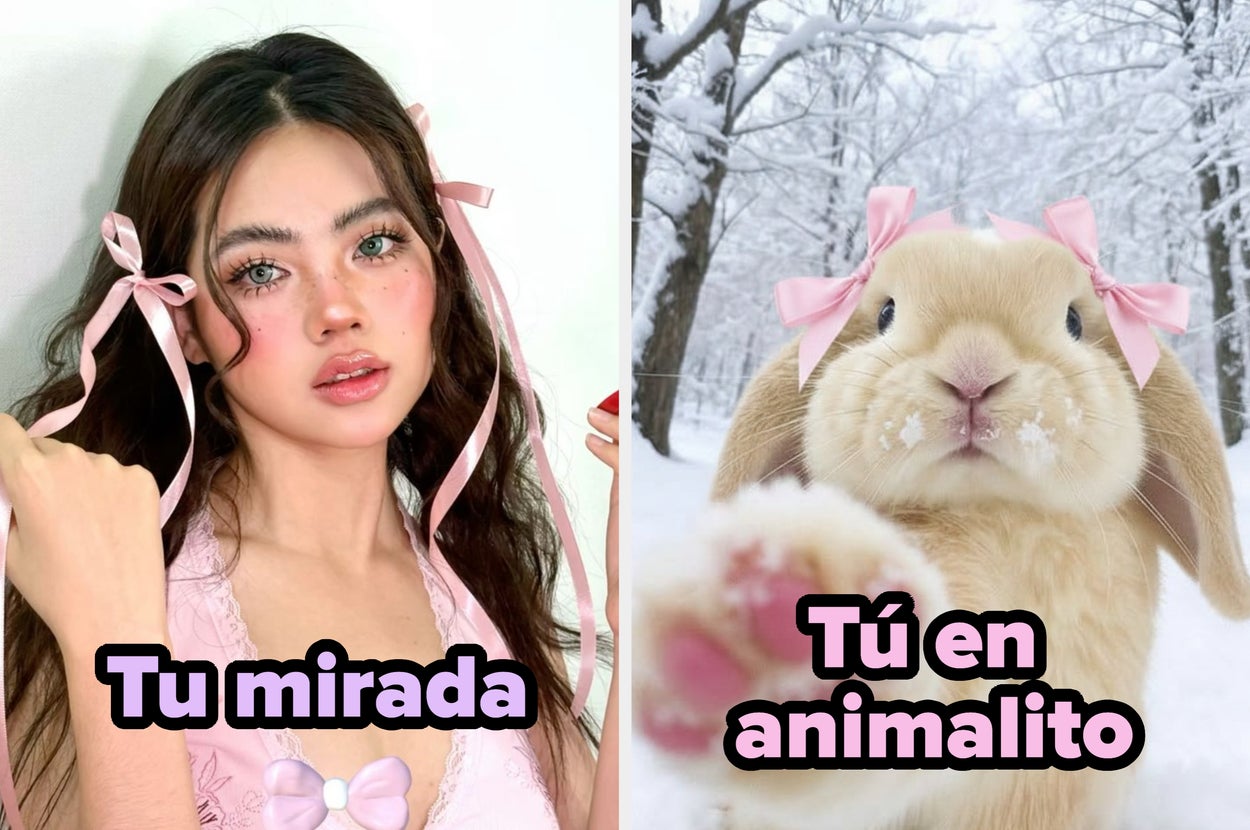 Person with pink bows in hair and rabbit with similar bows. Text: "Tu mirada."