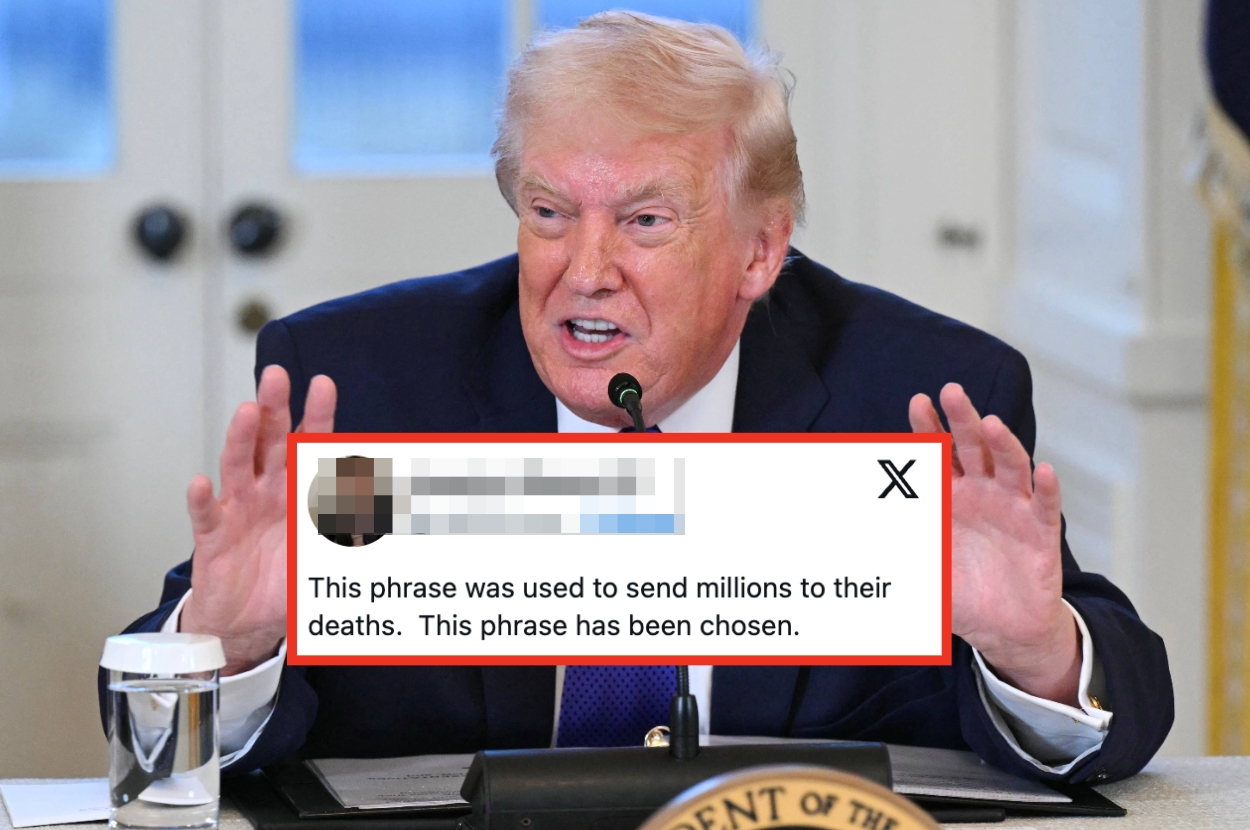 A person gestures emphatically during a meeting, with an overlaid text reading, "This phrase was used to send millions to their deaths. This phrase has been chosen."