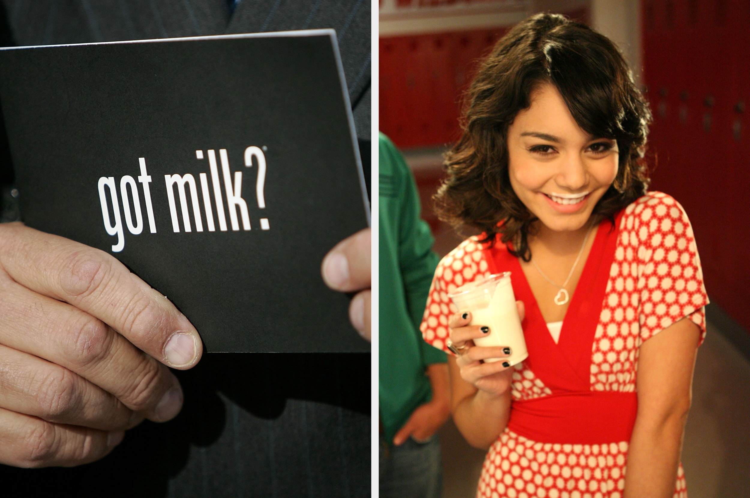 Person smiling, holding a solid  of beverage  adjacent  to a manus  holding a "got milk?" card