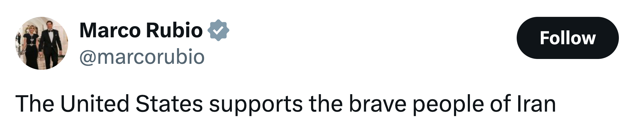 Twitter-innlegg av Marco Rubio: USA støtter det modige folket i Iran