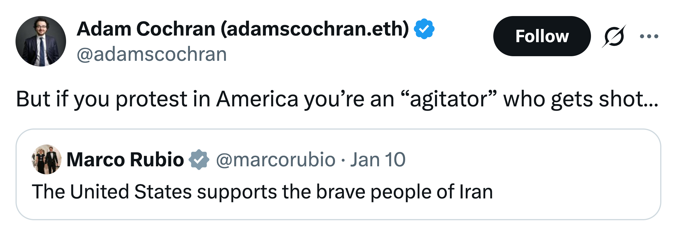 Tweet-utveksling som kritiserer ulike svar på protester i USA og Iran, og fremhever oppfattet hykleri
