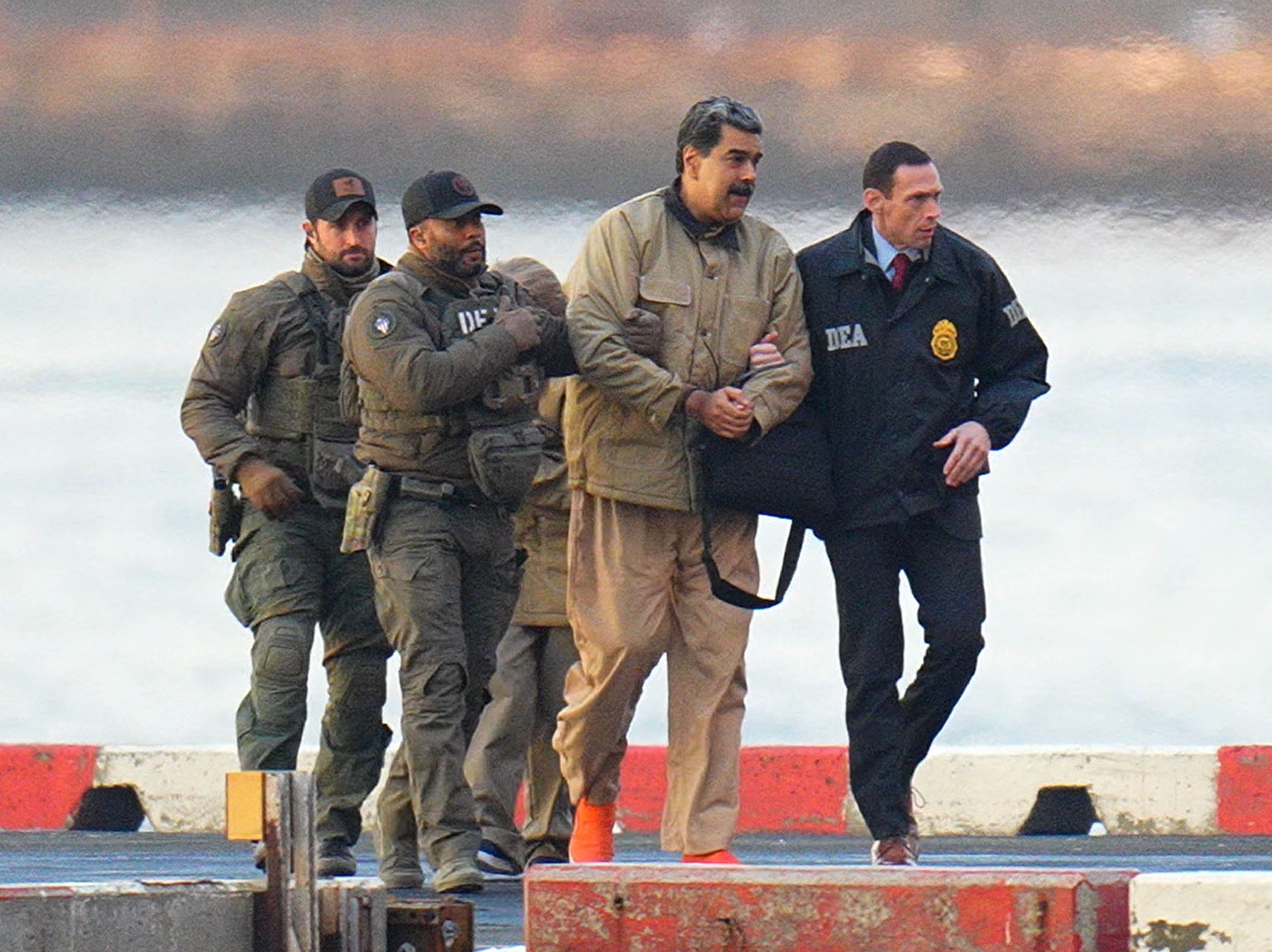 A antheral   is escorted successful  handcuffs by DEA agents adjacent   a assemblage  of water, suggesting an apprehension  event