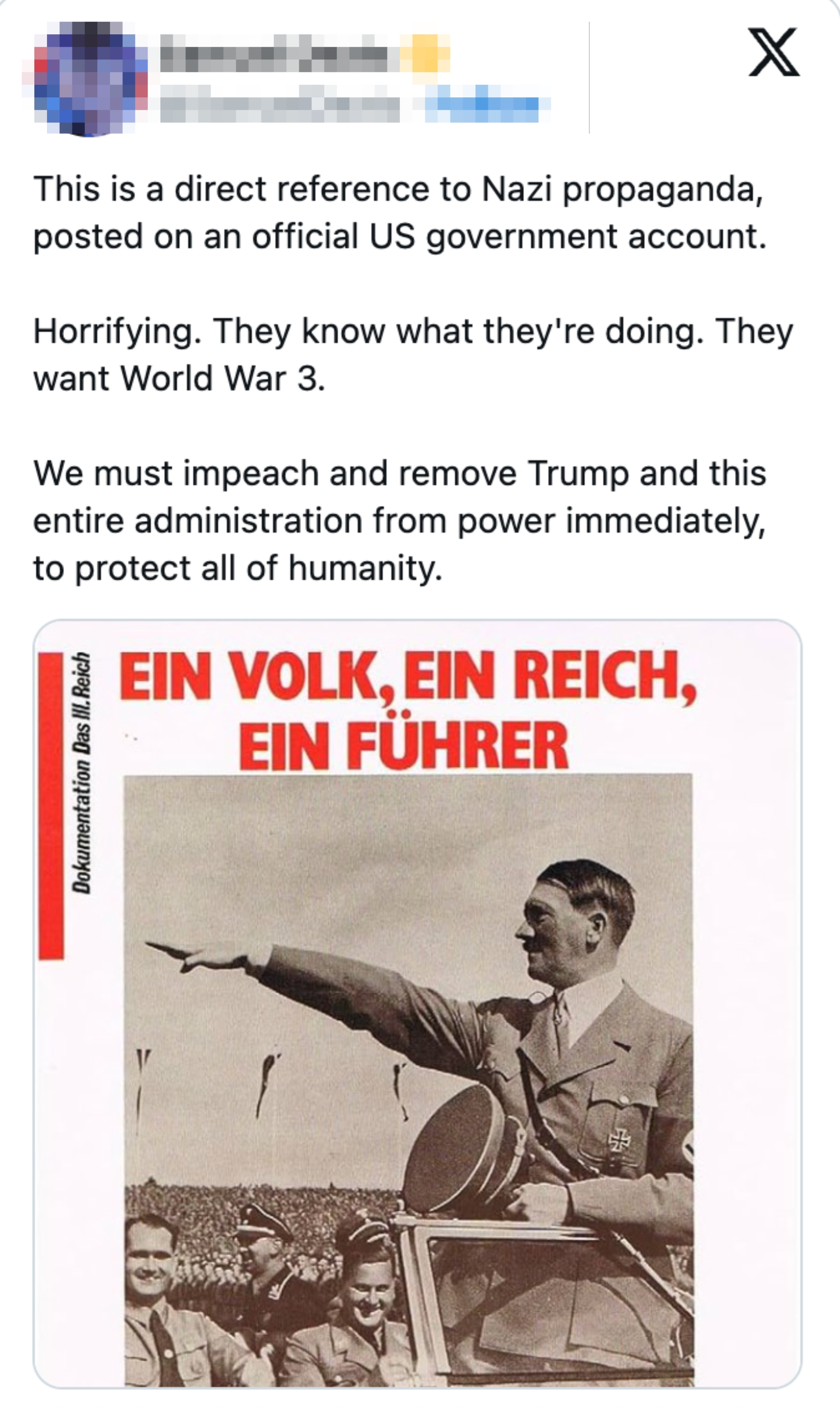 Tweet med en bruker som kommenterer et historisk propagandabilde, uttrykker bekymring for politisk retorikk og oppfordrer til handling mot Trump