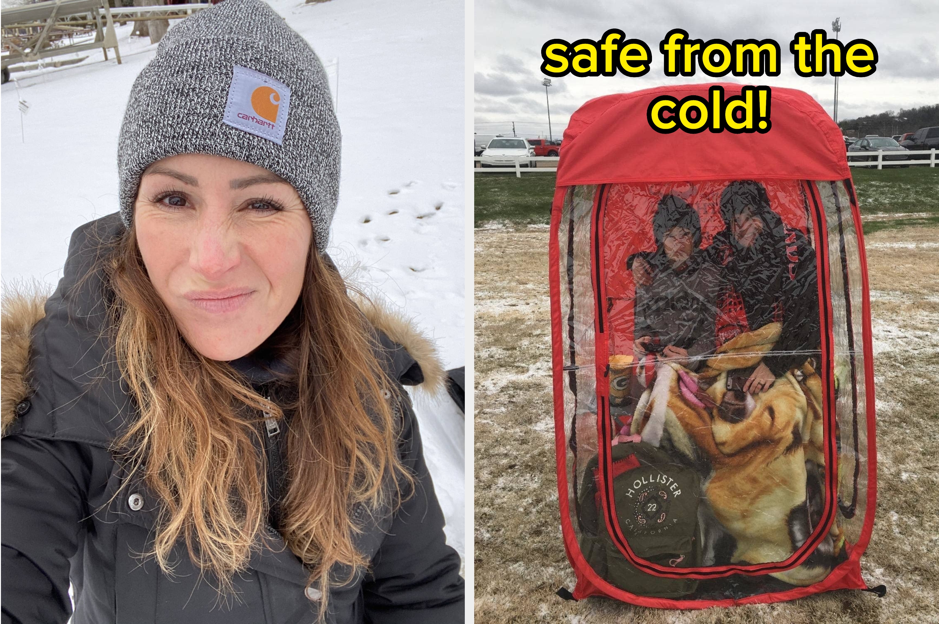 left: reviewer wearing a beanie standing outside in the snow; right: two reviewers inside a personal pod with text "safe from the cold!"