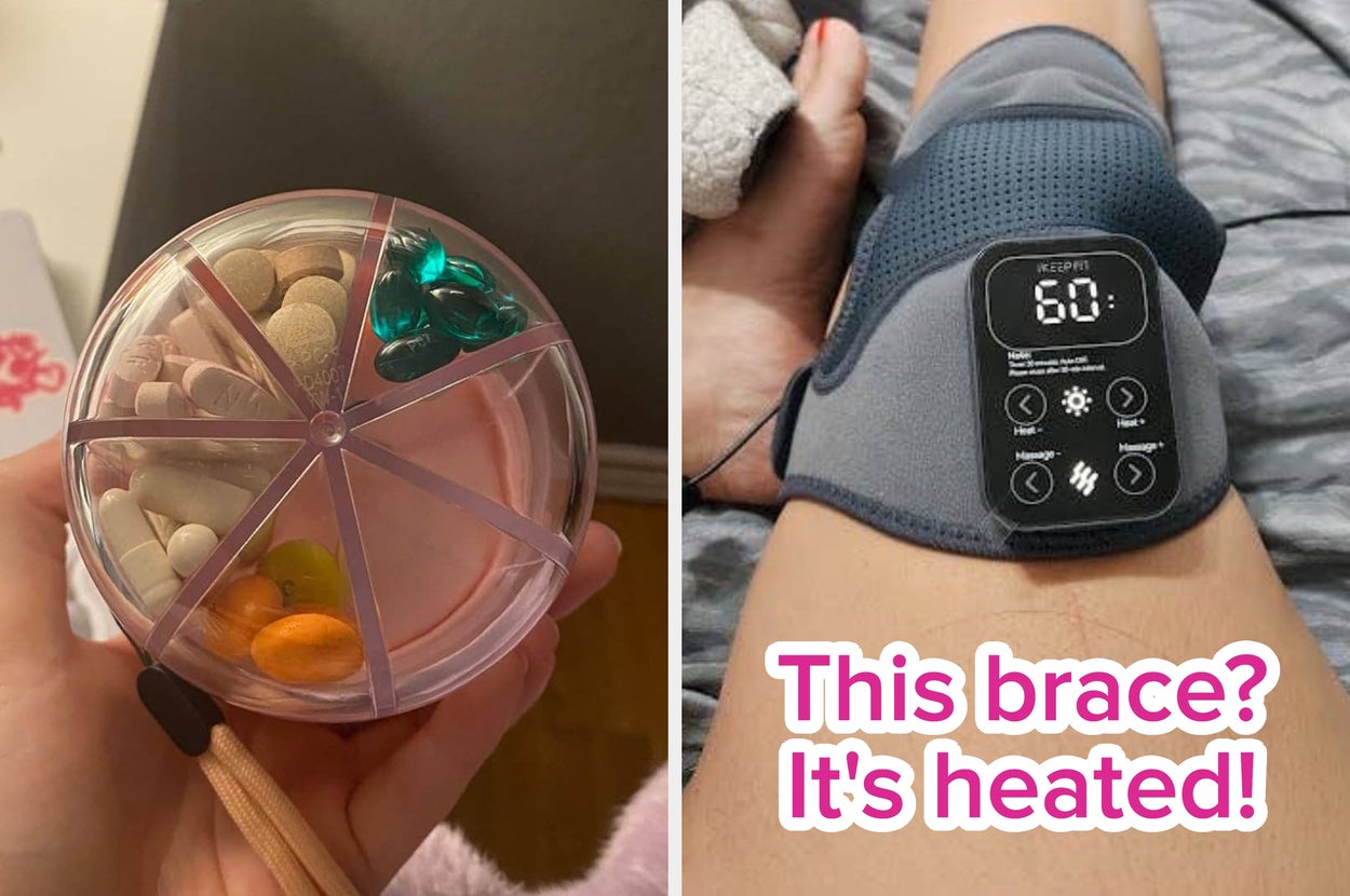 round pill organizer with seven compartments on the left; heated black knee brace on a leg