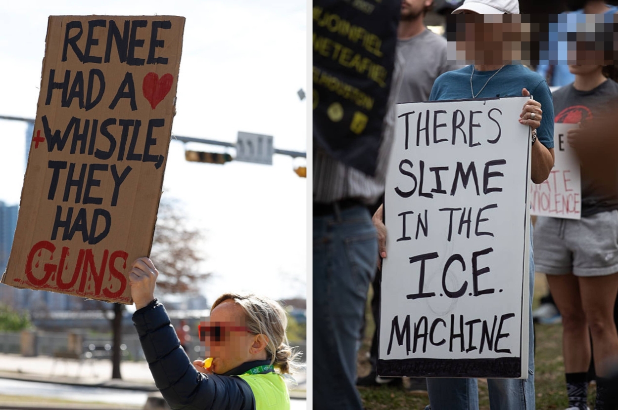 Protesters holding signs with messages: "Renee had a whistle, they had guns" and "There's slime in the I.C.E. machine."