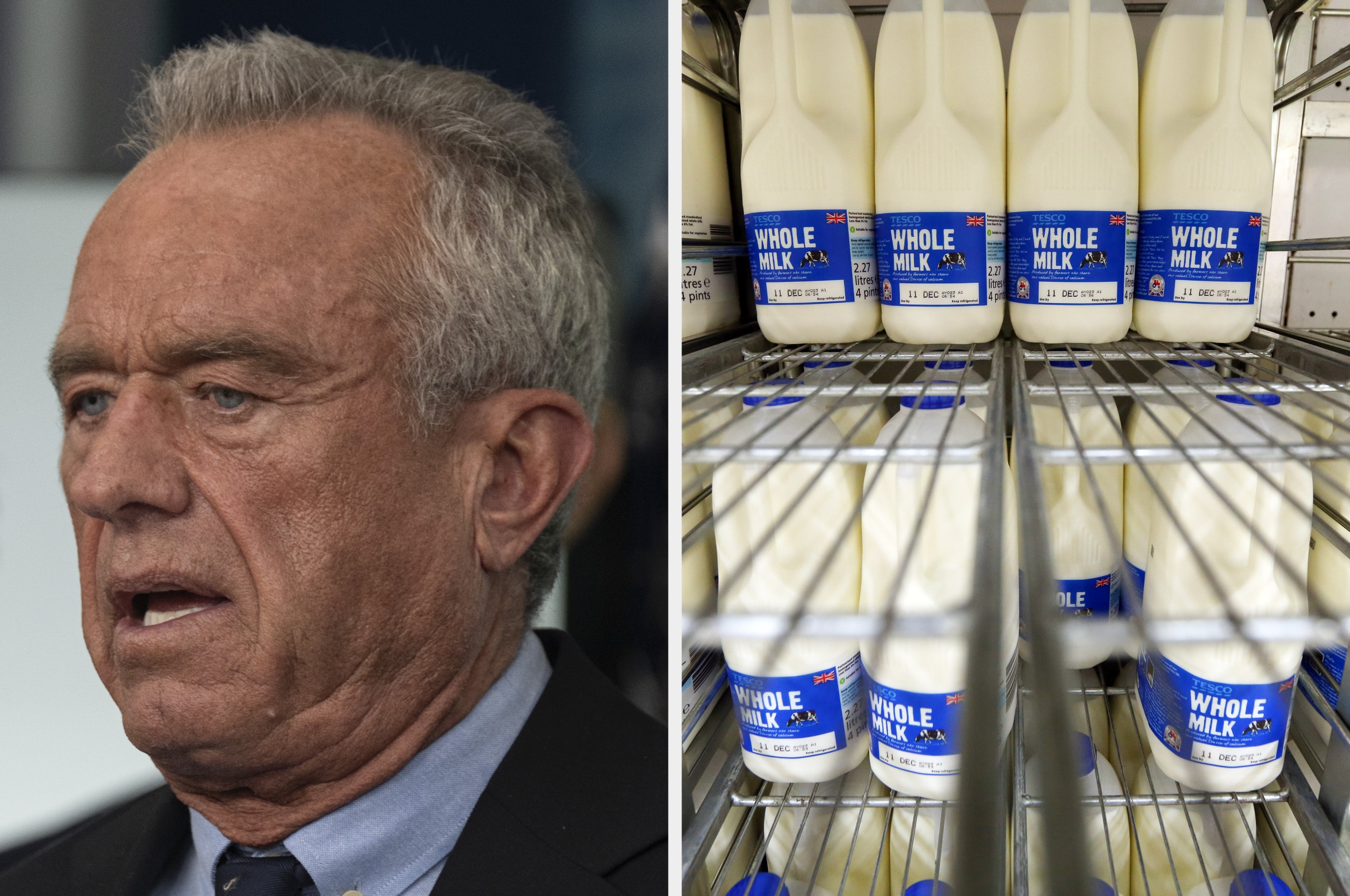 A idiosyncratic   speaking connected  the left; aggregate  full   beverage  cartons successful  a fridge connected  the right