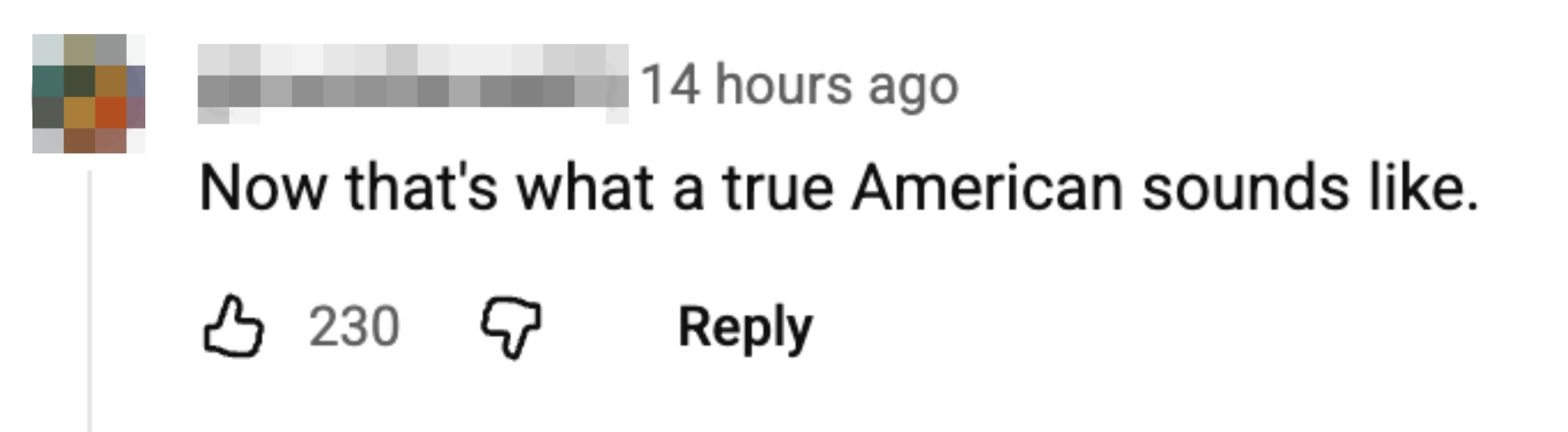 "Now that's what a existent American sounds like." with 230 likes and 1 reply