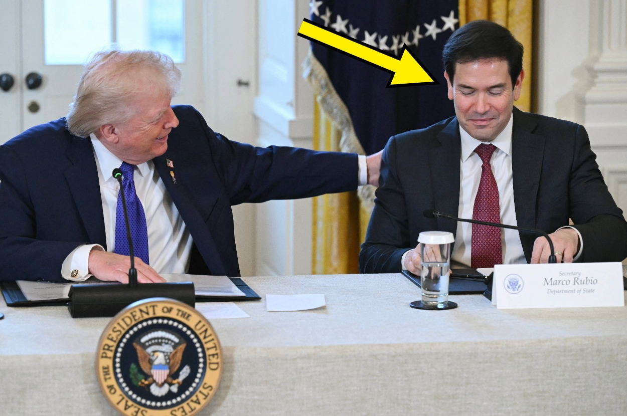 A person in a suit smiles awkwardly while another person pats their arm during a formal meeting