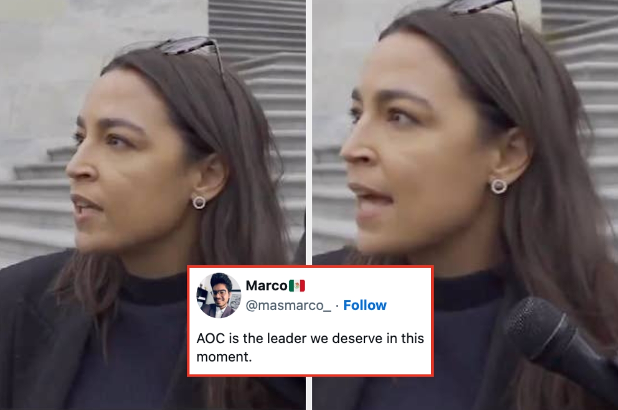 Person speaking into a microphone outdoors, with a tweet overlay reading, "AOC is the leader we deserve in this moment."