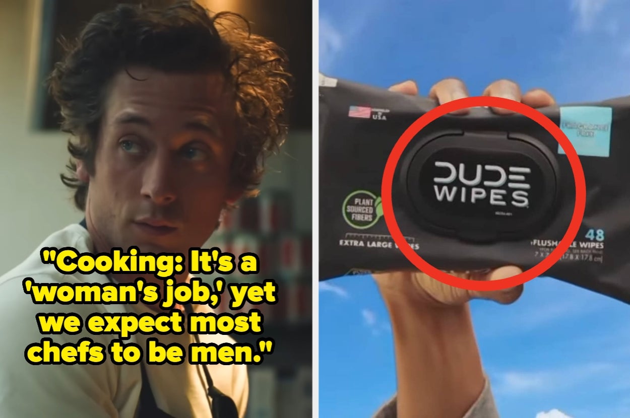 Left: Carmy from "The Bear" with text, "Cooking: It's a 'woman's job,' yet we expect most chefs to be men." Right: Dude Wipes