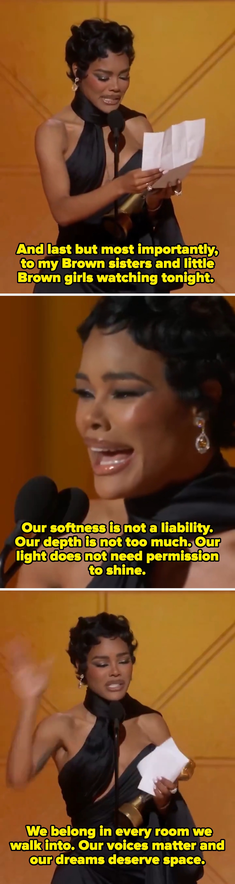 Woman successful elegant achromatic gown reads from a insubstantial astatine a podium