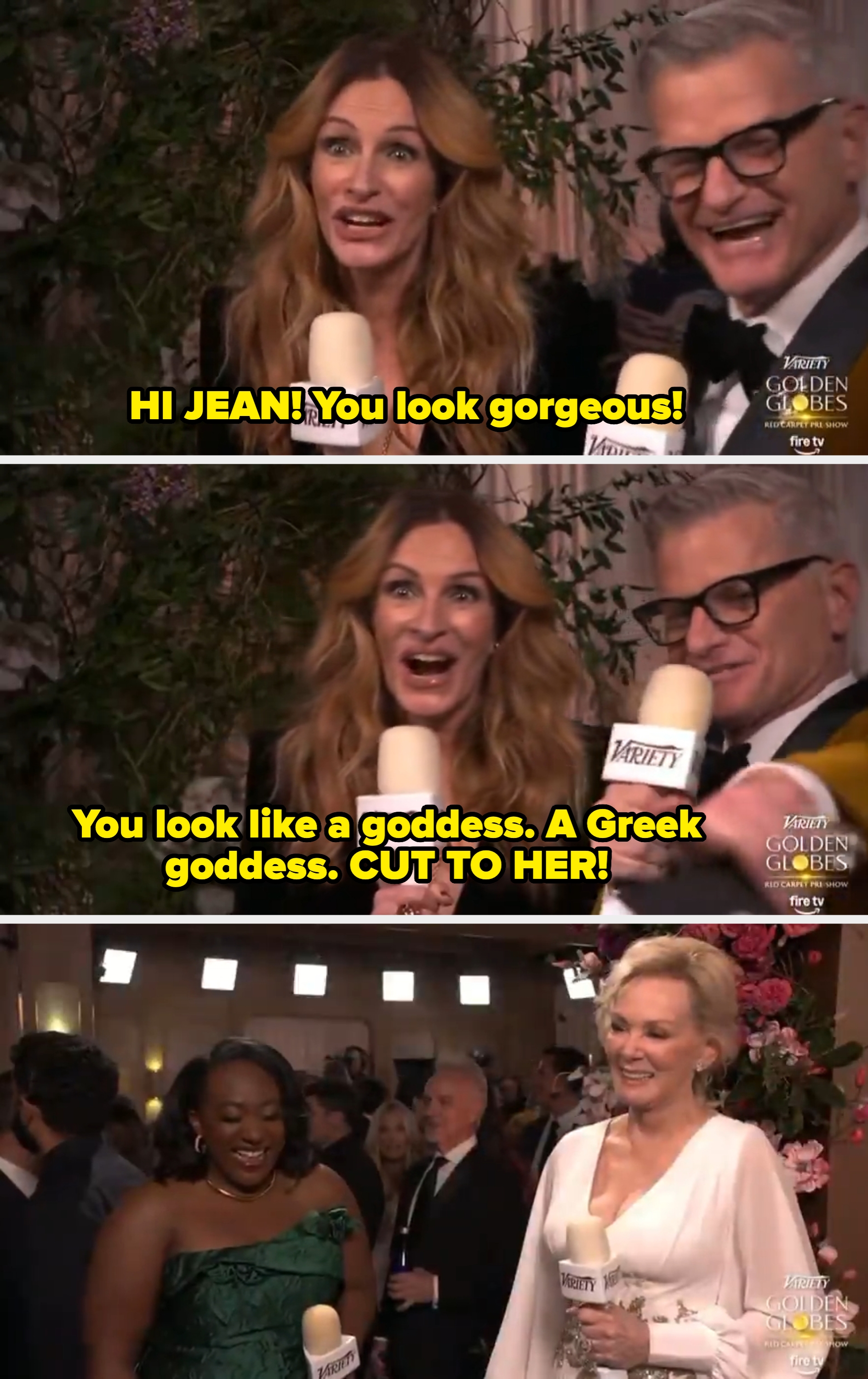 Two radical smiling and holding Variety microphones astatine a Golden Globes event