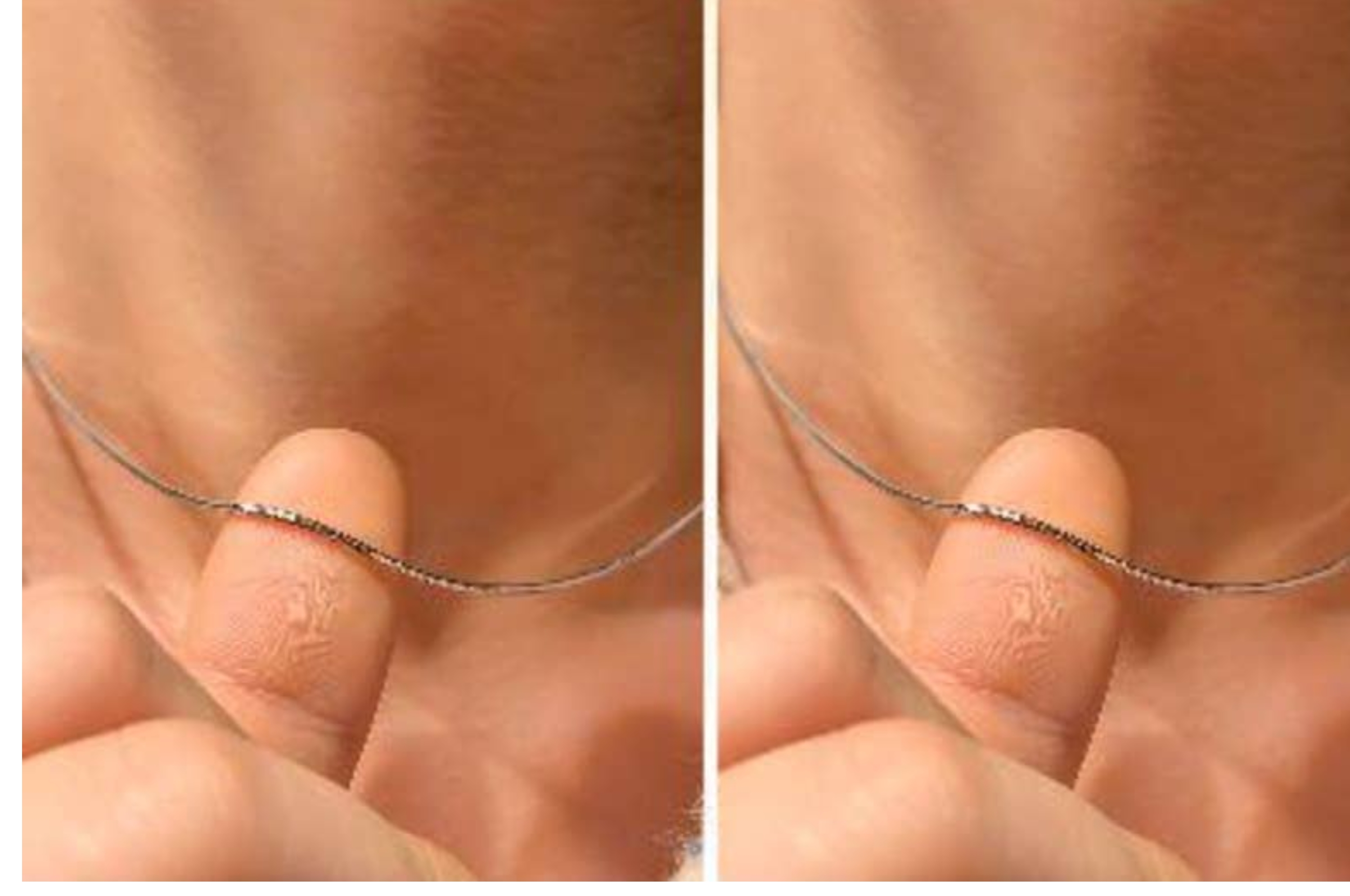 Two images: left shows hands on pregnant belly with necklace aligned. Right shows necklace held up close