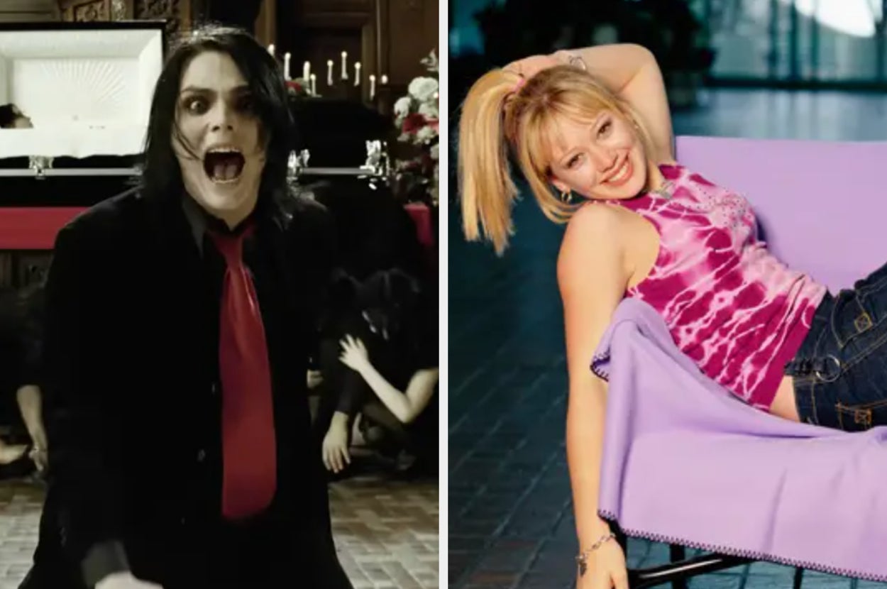Two images side by side: Left shows a performer with dark attire and red necktie in a theatrical pose; right has a person in a playful pose wearing a tie-dye top