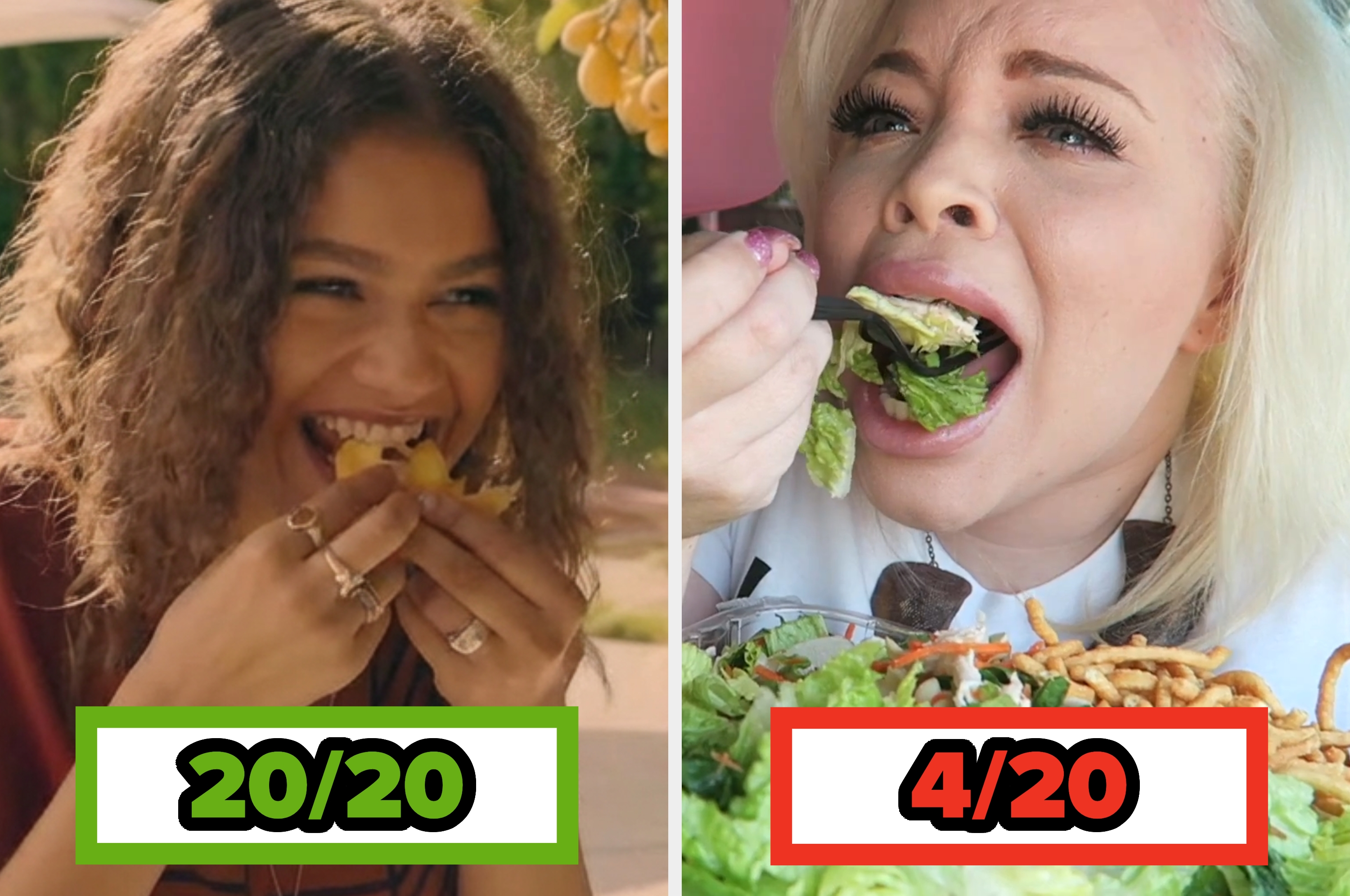 Two people happily eating salads, with Zendaya labeled 20/20 framed in green, and Trisha Paytas labeled 4/20 framed in red