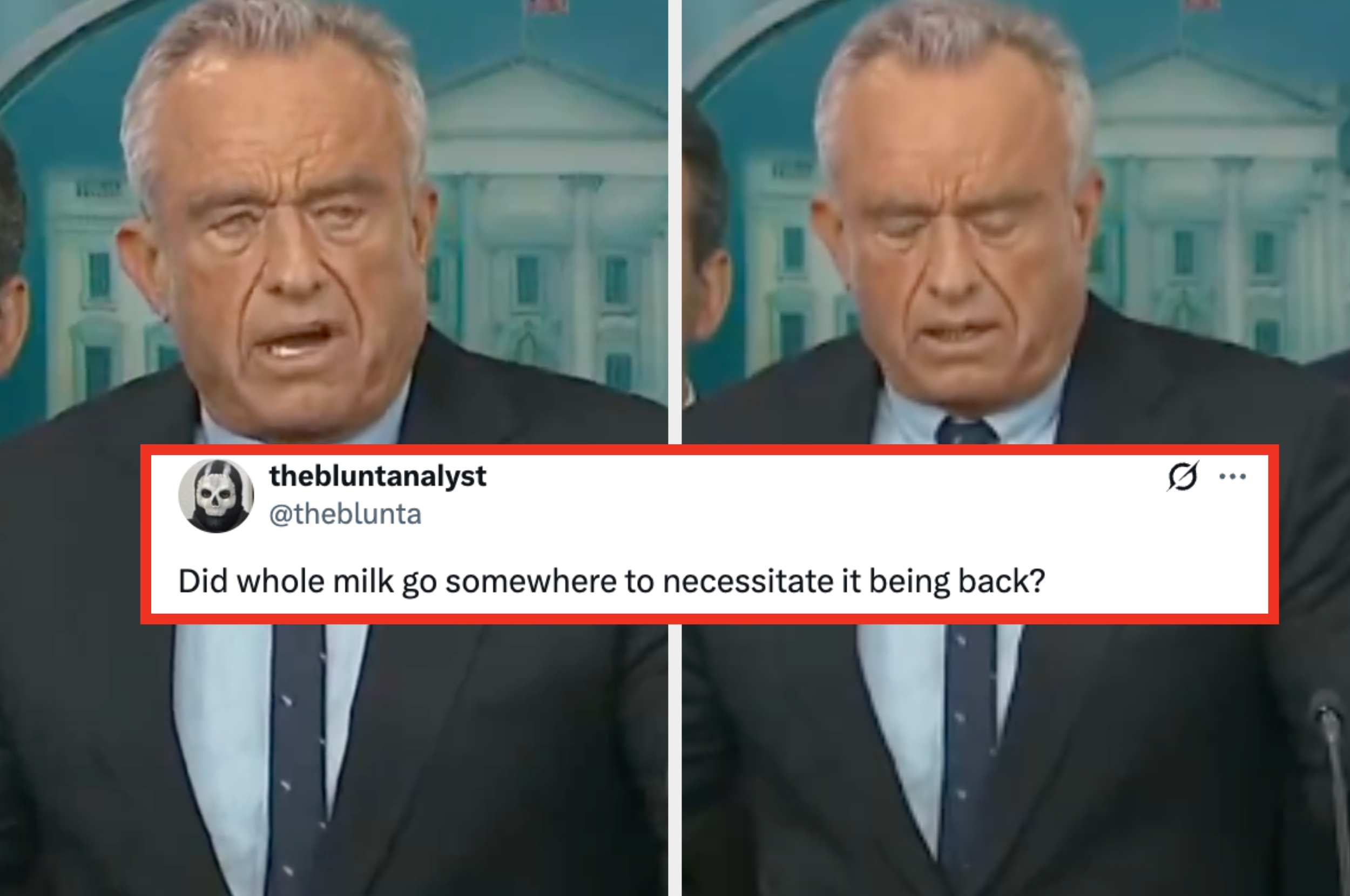 Split image of a man in a suit speaking; overlaid tweet humorously questions the reintroduction of whole milk