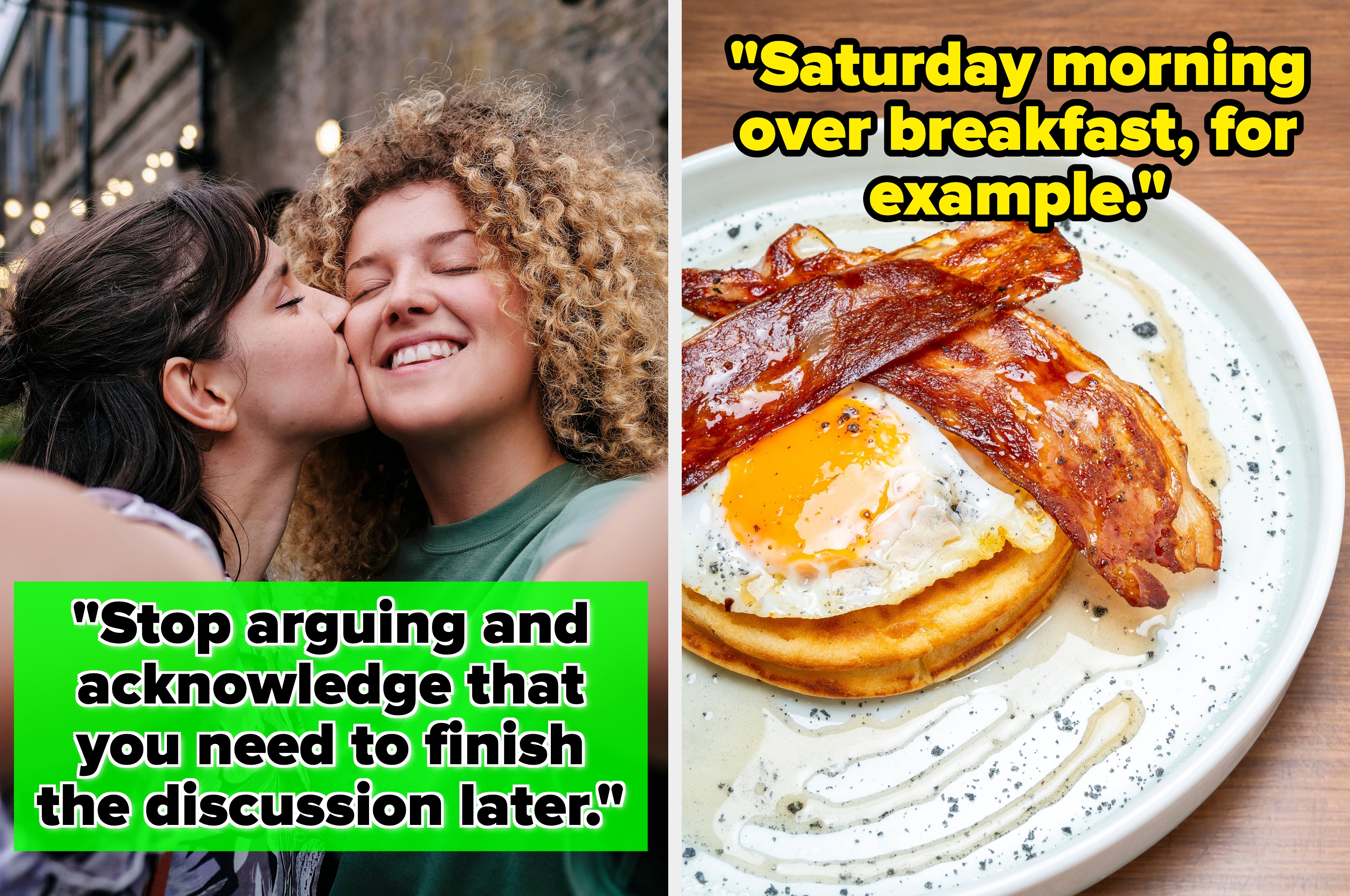 Two-part image: Left shows two friends, one whispering to the other's ear. Right shows a breakfast plate with waffles, egg, and bacon. Text mentions resolving discussions