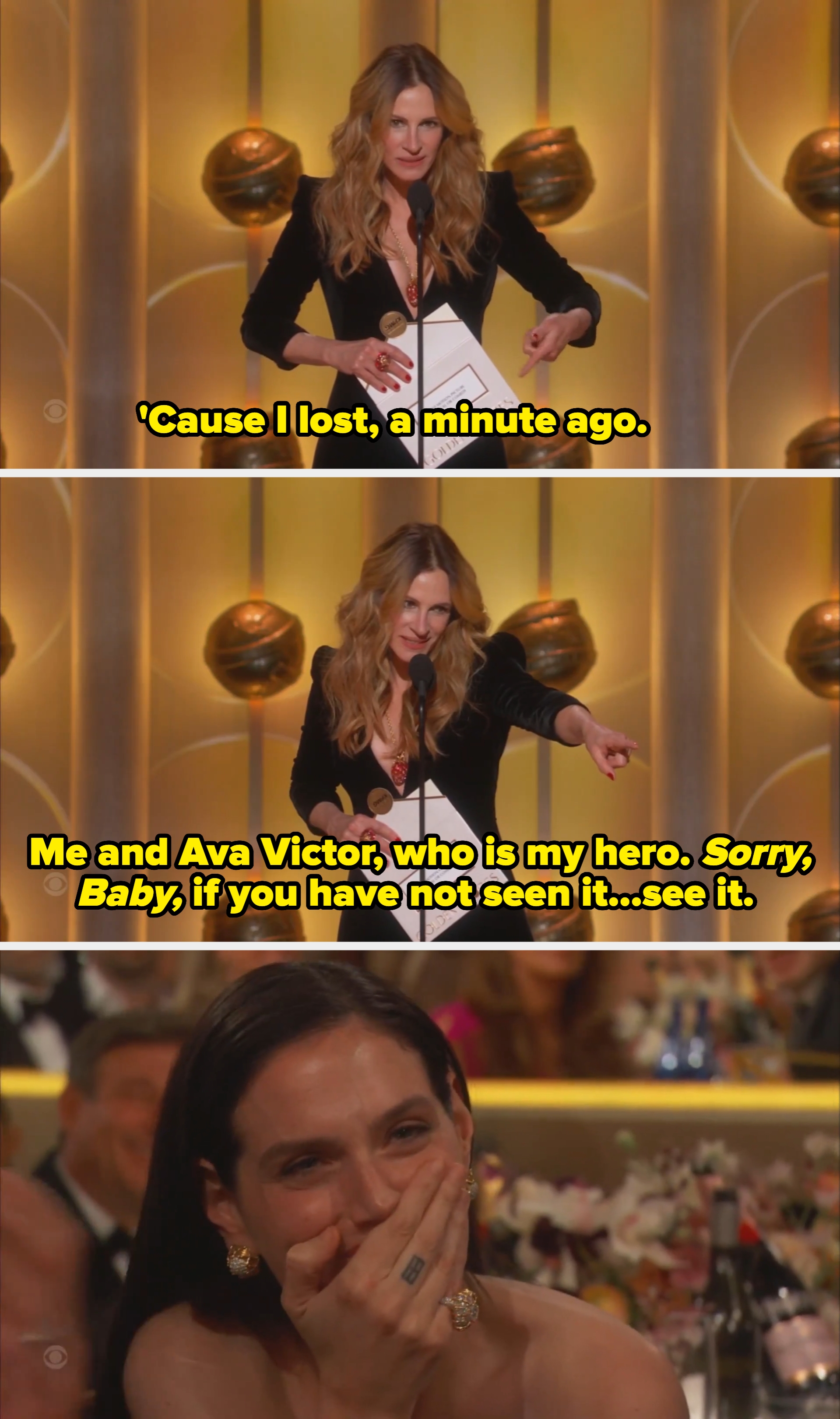 A idiosyncratic connected stage, wearing a stylish achromatic outfit, presents an grant envelope astatine a ceremonial event