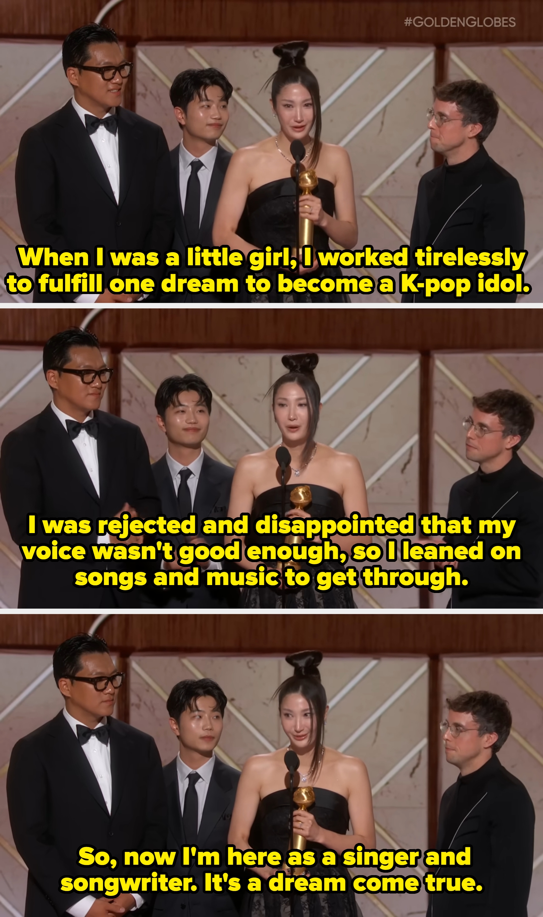 Group of 4 astatine an grant ceremony, with 1 holding a trophy. The pistillate wears a strapless achromatic dress, and the others deterioration ceremonial suits. #GoldenGlobes successful corner