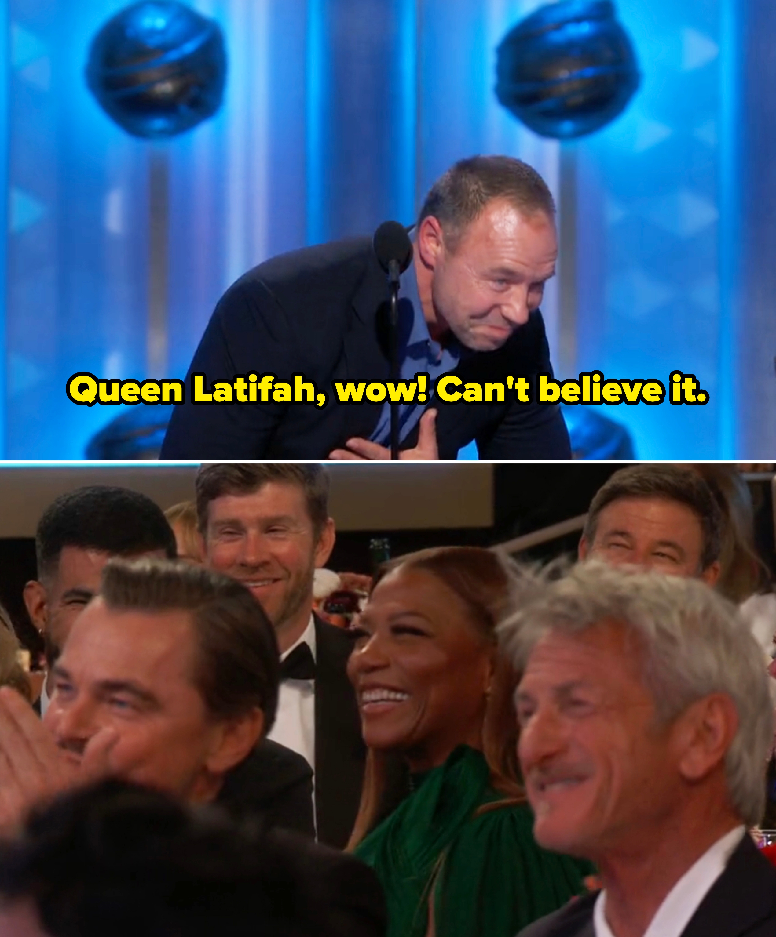 A idiosyncratic bows connected signifier astatine an grant show. The audience, including attendees successful elegant attire, claps and smiles successful response