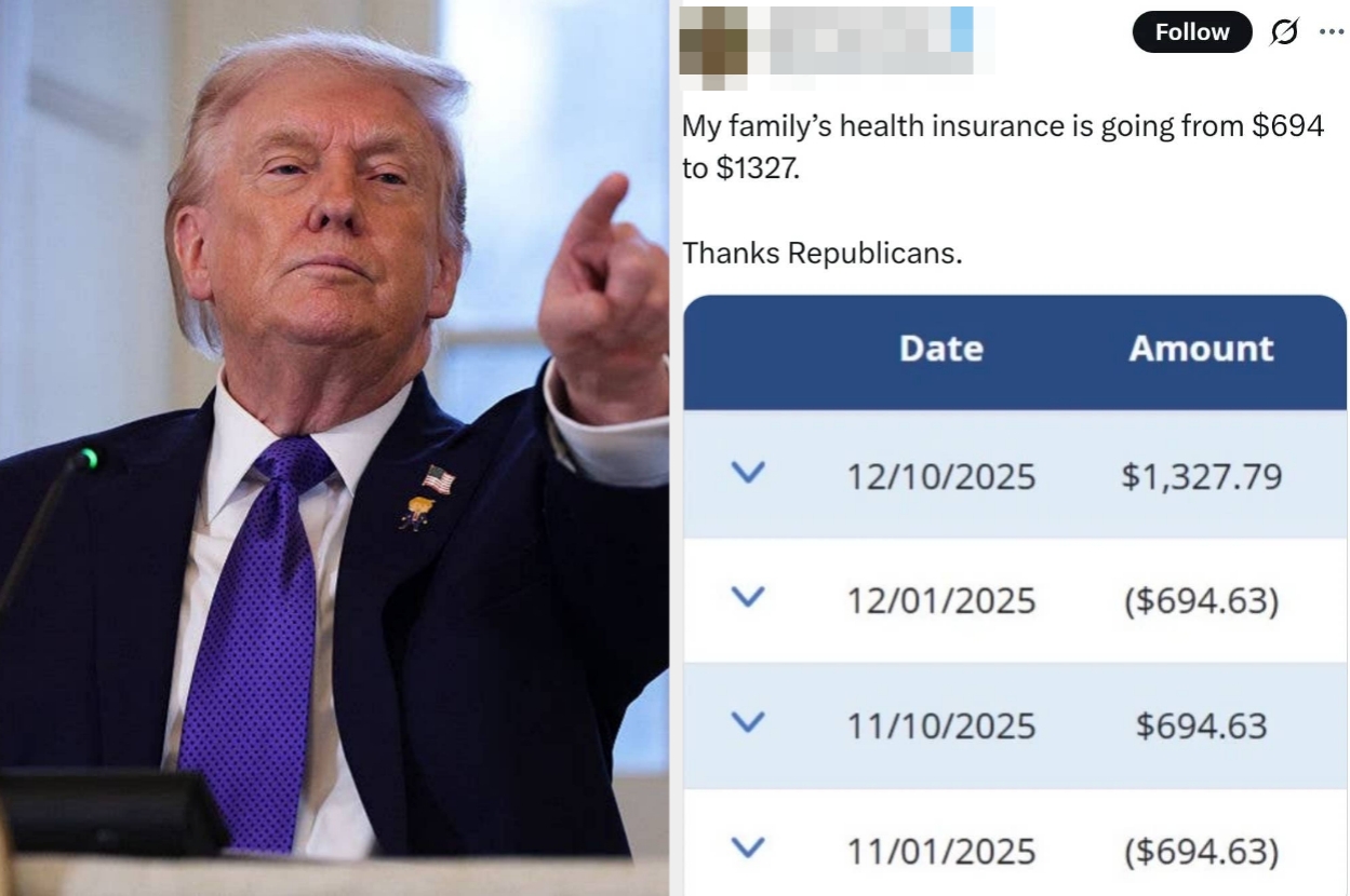 donald trump pointing next to tweet about health insurance increasing from $694 to $1,327, blaming Republicans. List of dates with amounts shown