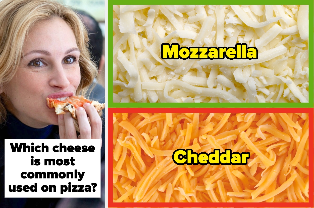A person eating pizza next to images of shredded mozzarella and cheddar cheese, with text asking which cheese is most commonly used on pizza