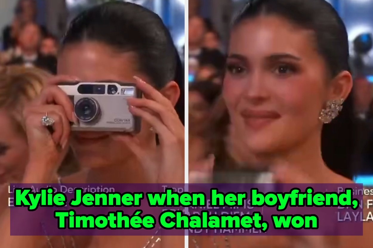 Two images of a woman holding a camera and smiling at an event. Overlay text reads: "Kylie Jenner when her boyfriend, Timothée Chalamet, won."