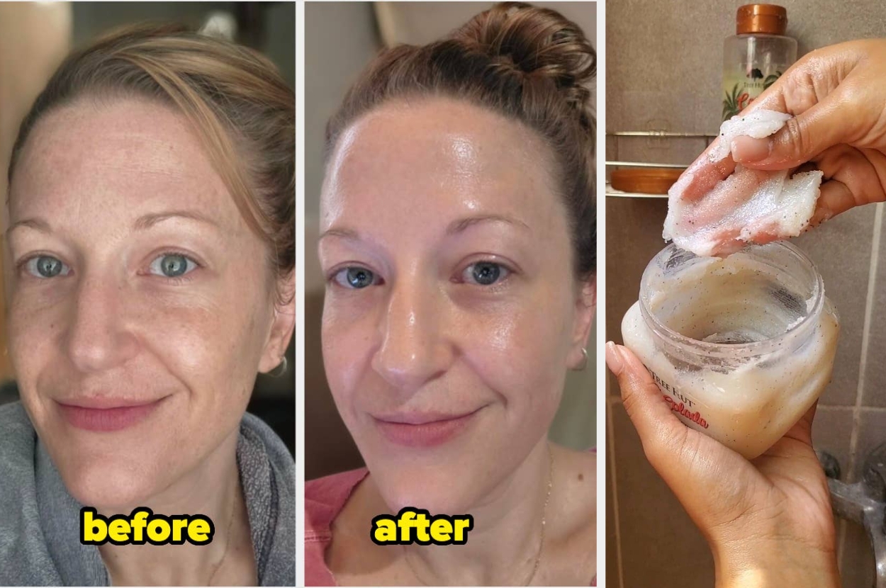 Three images showing a person's face before and after skincare application and hands using a scrub product from a jar