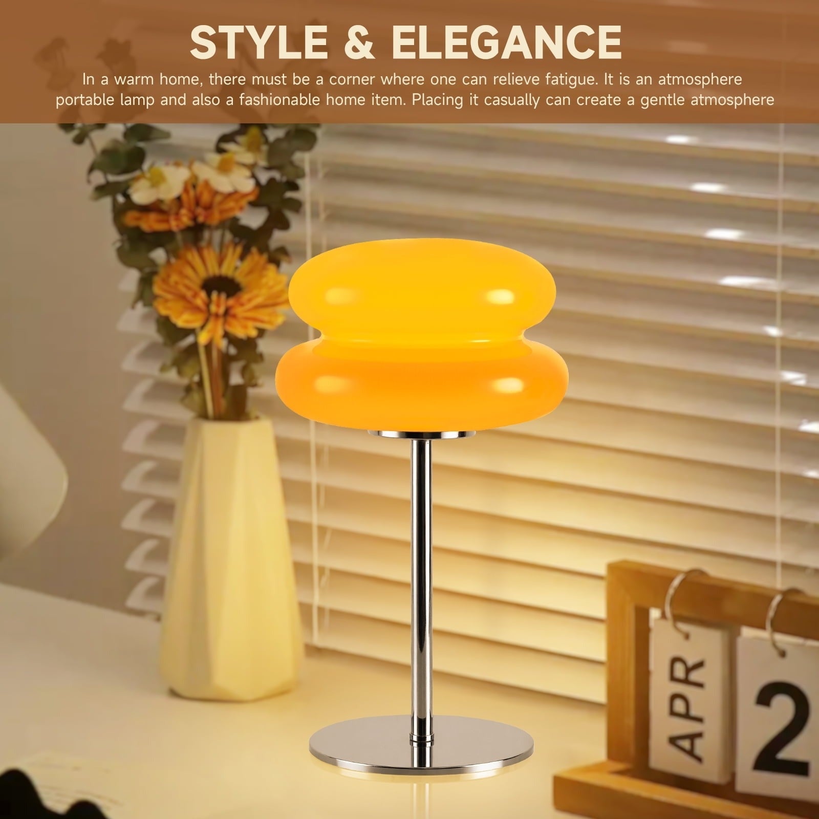 Retro-style orangish  lamp connected  a array  with flowers and a calendar; modern   location  decor inspiration