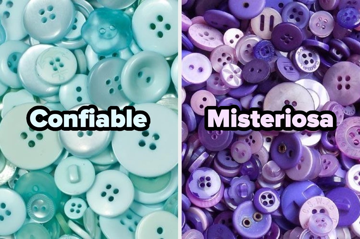 Botones azules etiquetados como "Confiable" a la izquierda y botones morados etiquetados como "Misteriosa" a la derecha