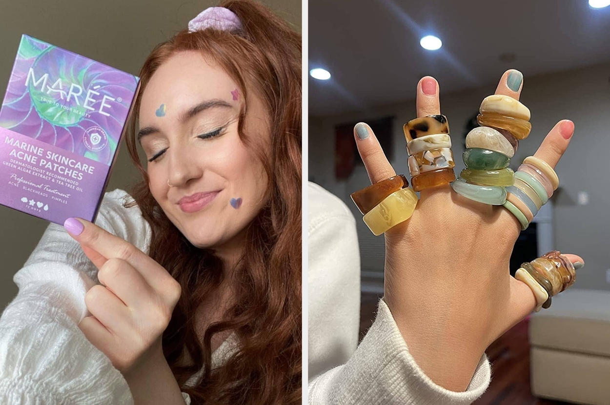Woman holding acne patches; her eyes are closed with a content smile. Adjacent image of a hand adorned with chunky, colorful rings