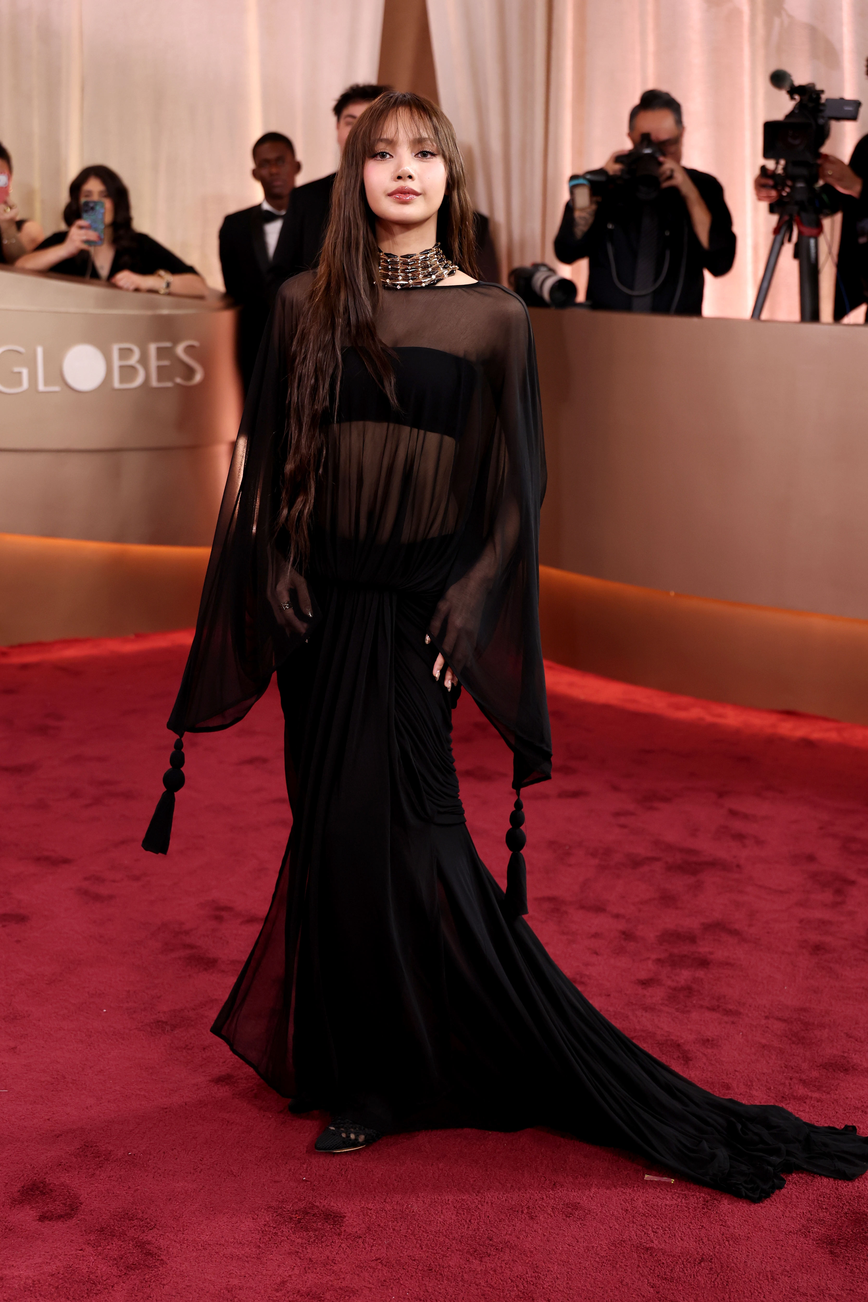 Person in sheer black gown with dramatic sleeves and train poses on red carpet, surrounded by fans and photographers at an event