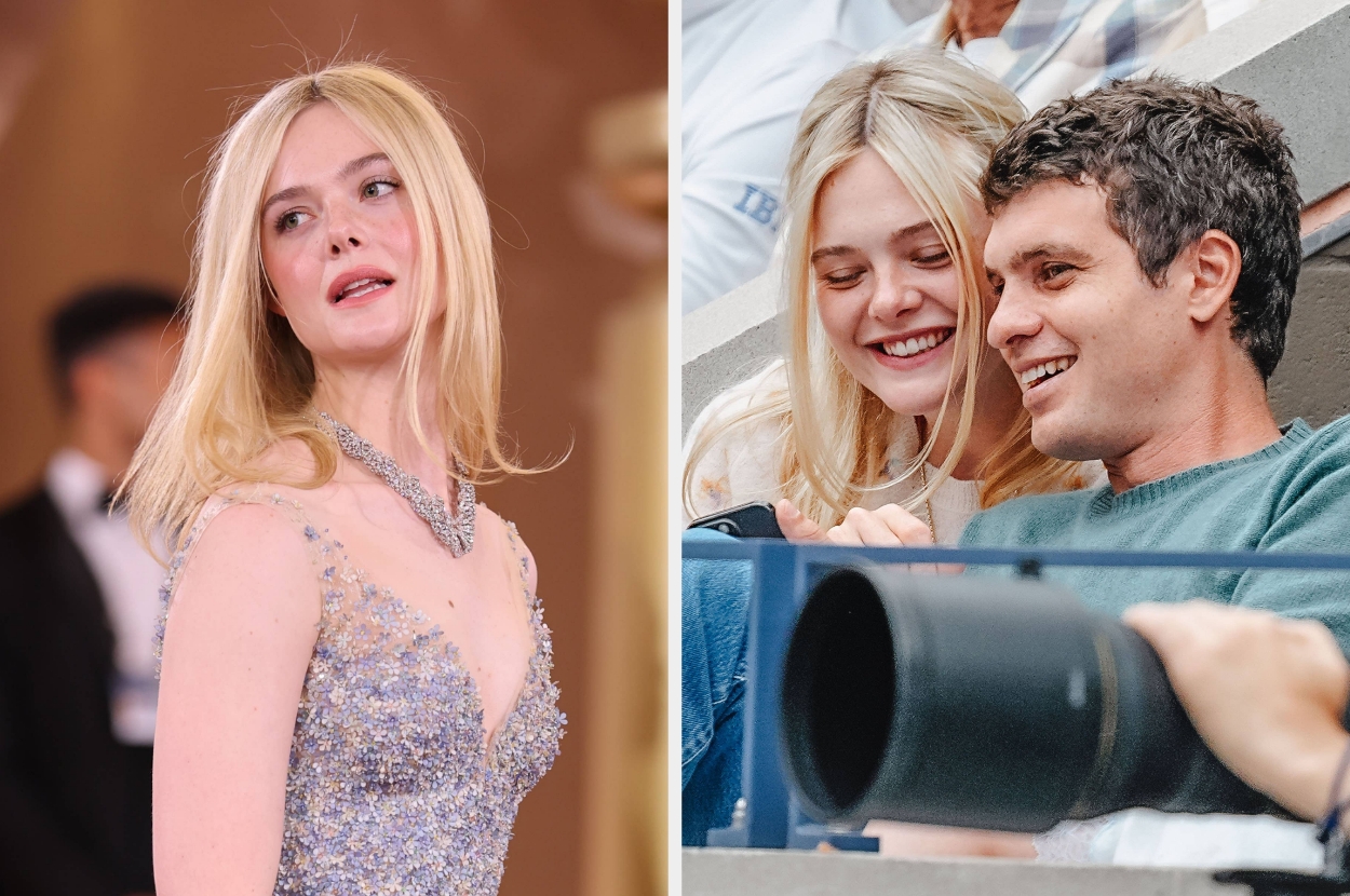 Left: Elle Fanning at the Golden Globes. Right: Elle and Gus Wenner seated outdoors
