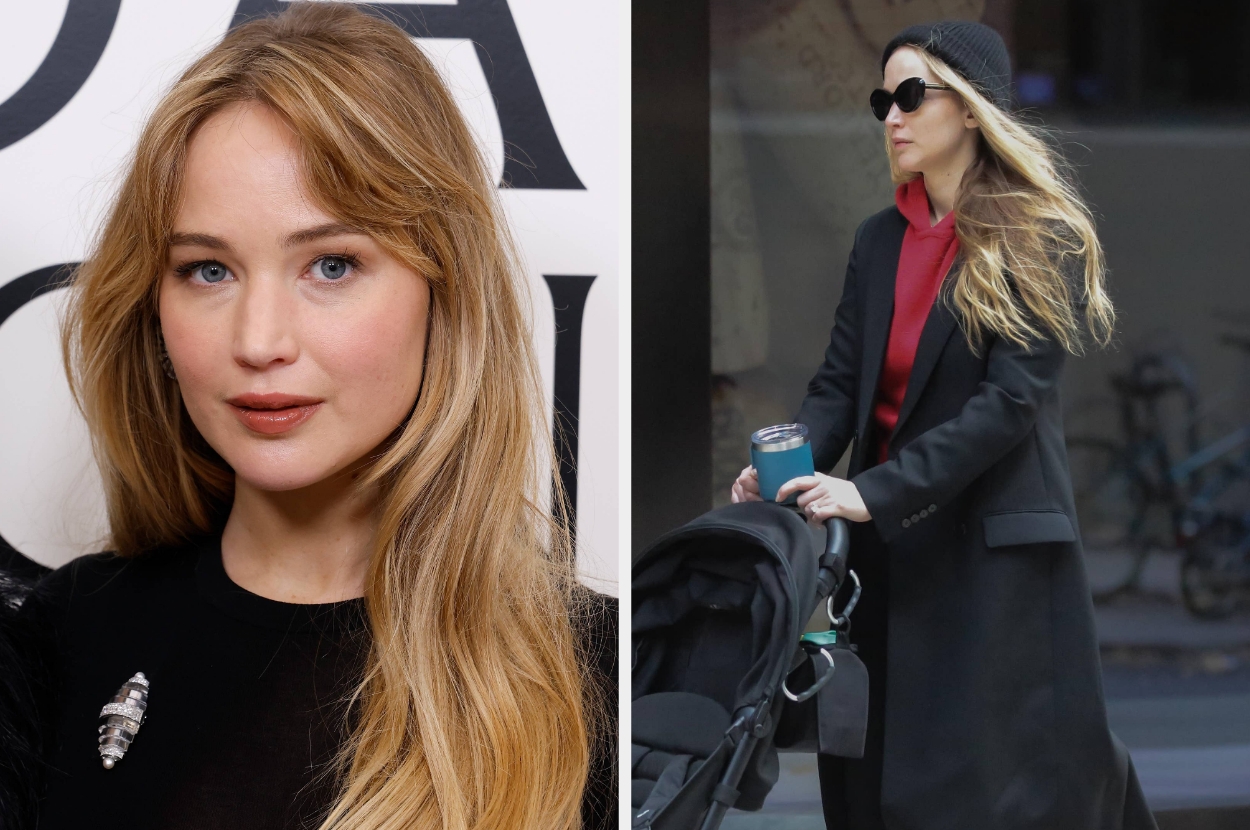 On the left, a woman dressed in elegant attire at an event. On the right, the same woman wearing a casual coat and sunglasses, pushing a stroller