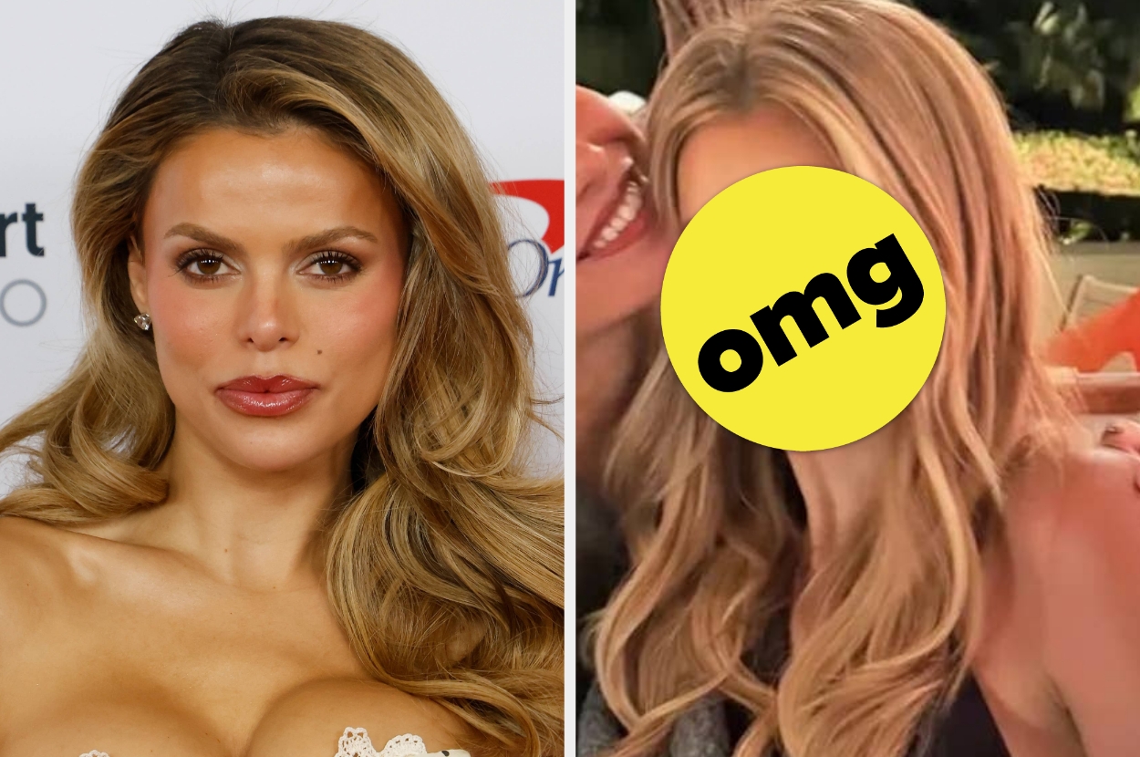 Person with long hair wearing a strapless outfit poses at an event; another candid photo is partially obscured by a yellow "omg" circle