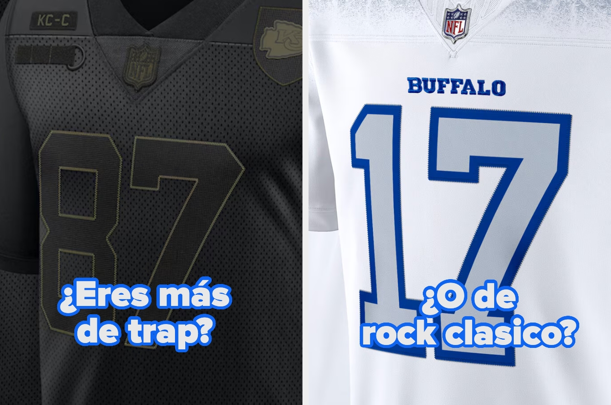 Split NFL jerseys feature team logos and numbers with Spanish text: "¿Eres más de trap?" and "¿O de rock clásico?"