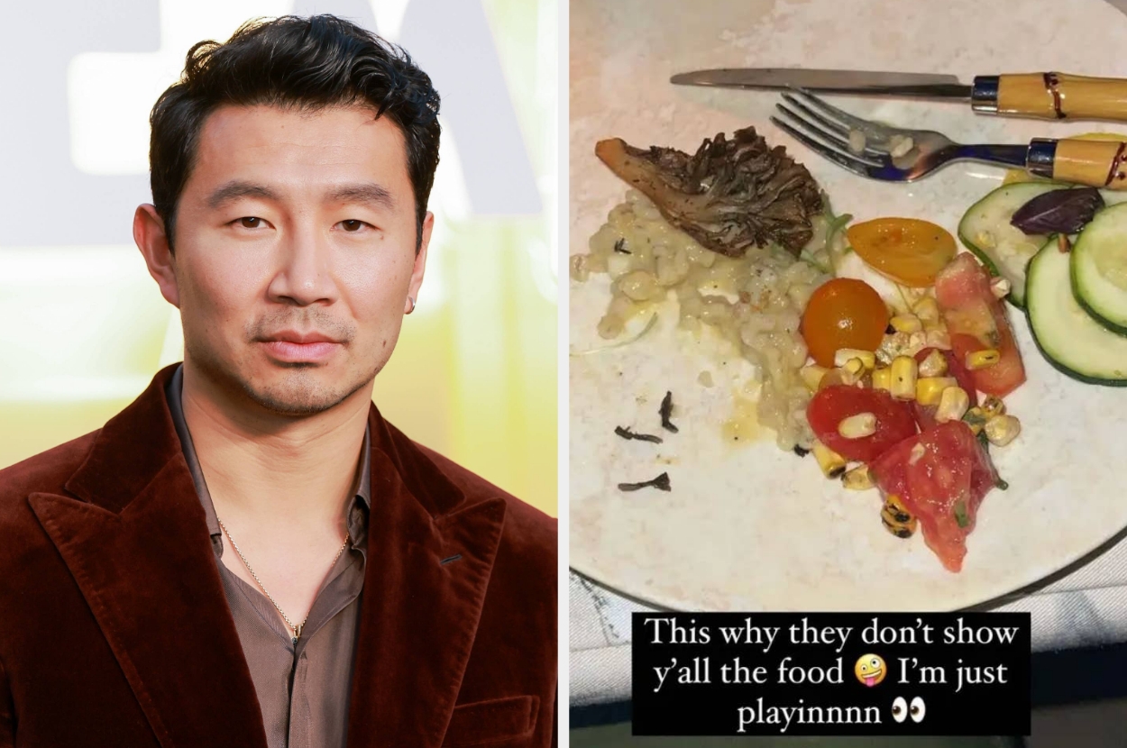 Left: Simu Liu at an event. Right: Post from Keke Palmer featuring a plate of food with humorous text about its presentation