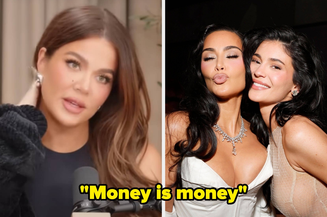 Two women posing glamorously; another woman on left, in casual attire, talks during an interview. Text reads: "Money is money."