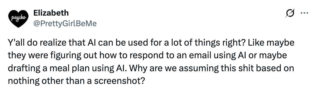 Tweet spørsmål antagelser om AI-bruk basert på skjermbilder, og foreslår alternative forklaringer som e-postsvar eller måltidsplanlegging