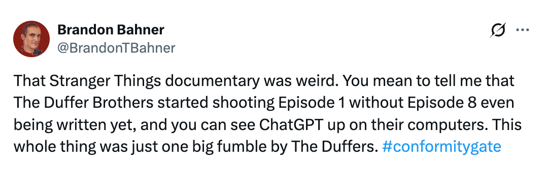 Tweet om en dokumentar om "Stranger Things," diskuterer The Duffer Brothers' filmprosessen og referanse til ChatGPT i en humoristisk sammenheng