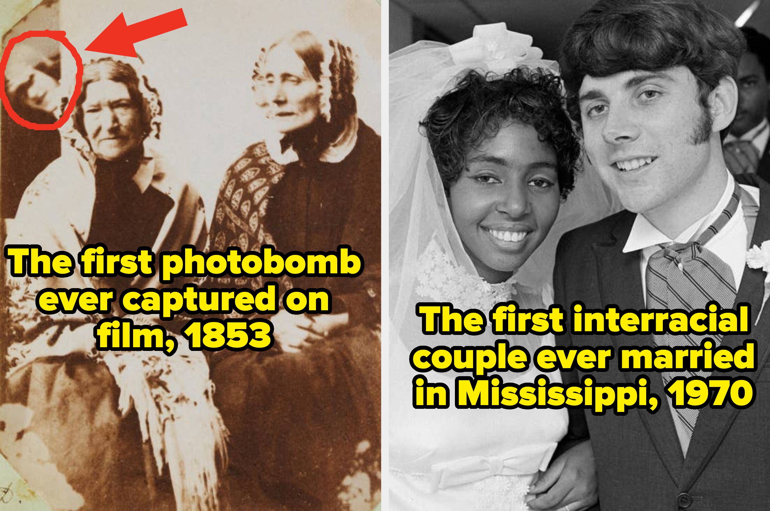 Split image: Left, 1853 with first photobomb circled. Right, 1970, interracial couple wed in Mississippi