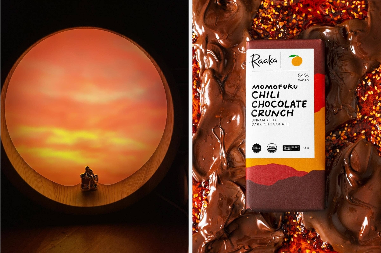 Person sits in circular window with sunset view; next to it is a Raaka Momofuku Chili Chocolate Crunch bar surrounded by melted chocolate