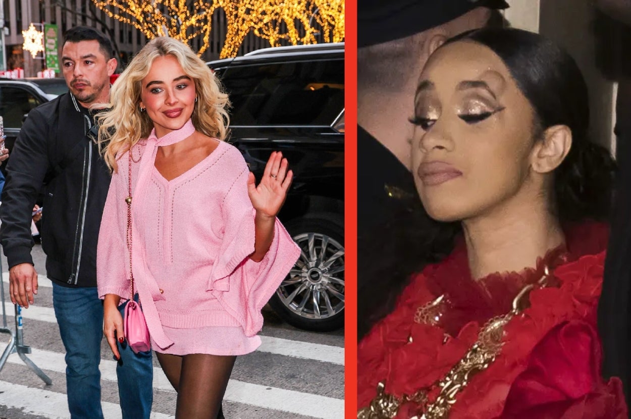Two women: one in a pink outfit with a choker waving, and another in a red dress with eyes closed, appearing at an event