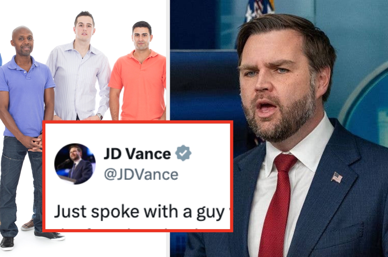 A man in a suit speaks at a podium. A tweet overlay reads: "JD Vance @JDVance Just spoke with a guy."