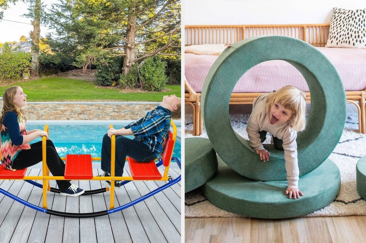 Two children rocking on an outdoor seesaw; a child crawls through foam play structures indoors