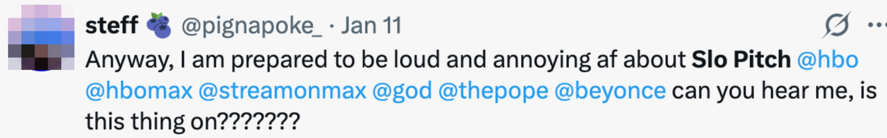 Tweet fra bruker som forbereder seg på å være vokal om "Slo Pitch" og spør om ulike enheter kan høre dem