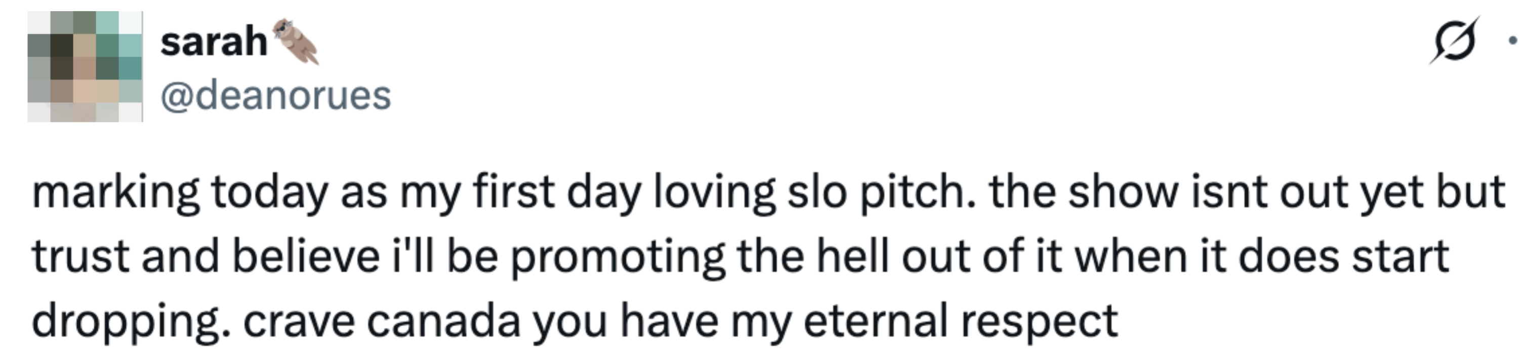 Tweet fra bruker som uttrykker forventning til "SLO Pitch" og beredskap til å promotere showet. Nevner "Crave Canada."