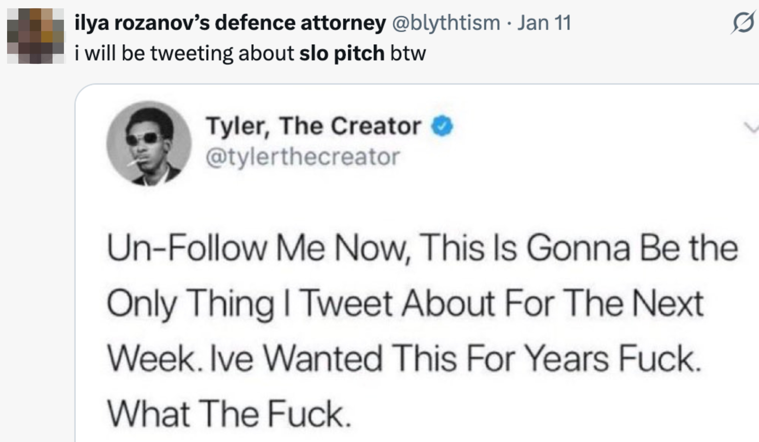 Tweet av Tyler, skaperen, som uttrykker sterk intensjon om å tweete utelukkende om 