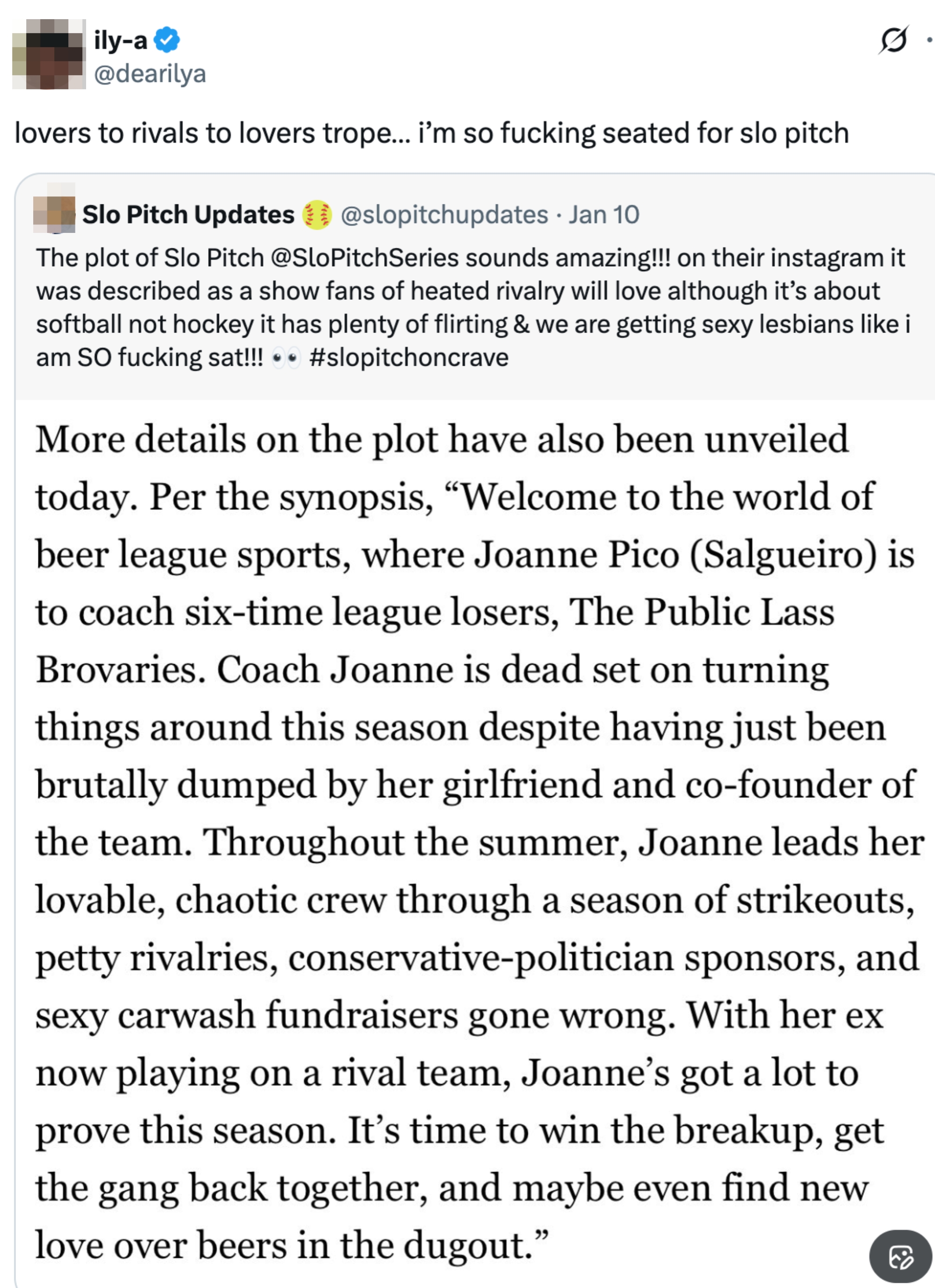 Tweet om "Slo Pitch" showplott fokusert på en ølliga-rivalisering med romantikk, pengeinnsamling og sportstemaer